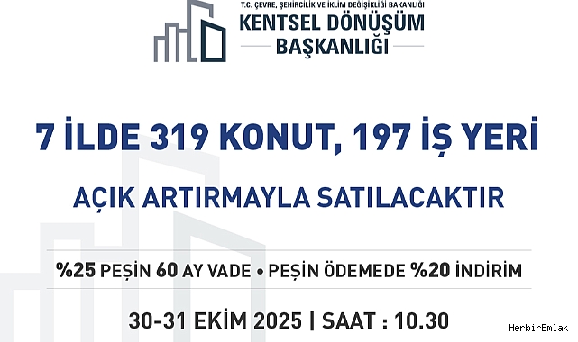 Kentsel Dönüşüm Başkanlığı 7 ilde 319 konut ve 197 iş yerini açık artırmayla satışa çıkarıyor
